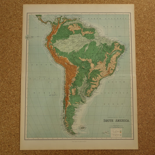 ZUID AMERIKA grote oude kaart van Zuid-Amerika 130+ jaar oude landkaart van continent uit 1890 originele vintage hoogtekaart