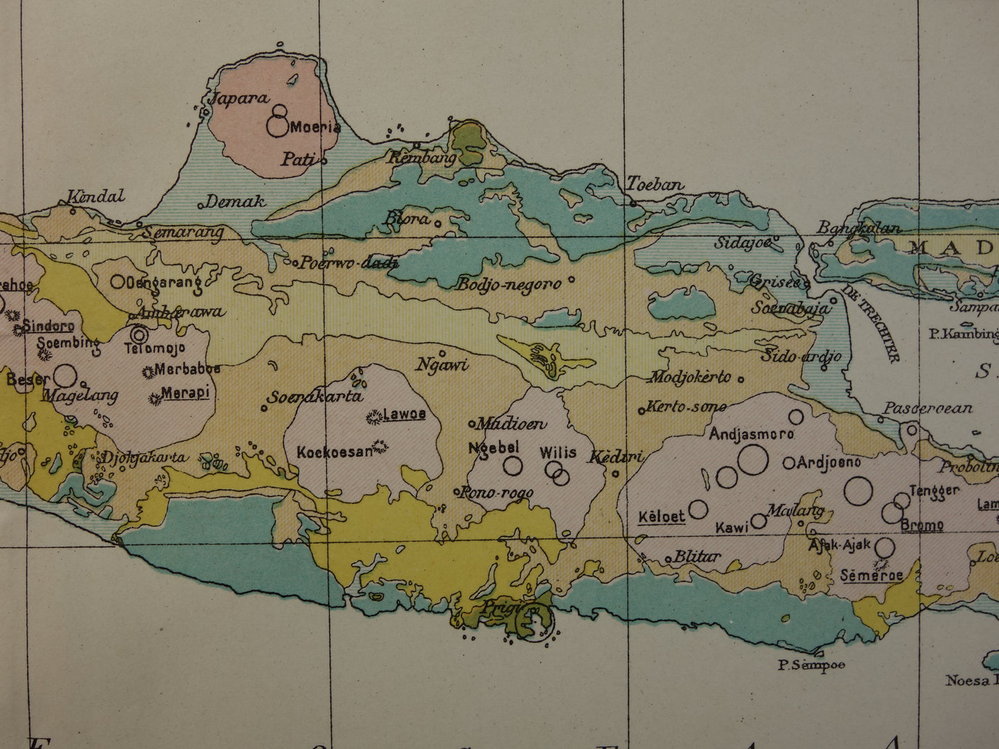JAVA Antieke Nederlandse kaart van Java uit 1918 oude hoogtekaart landkaart vulkanen