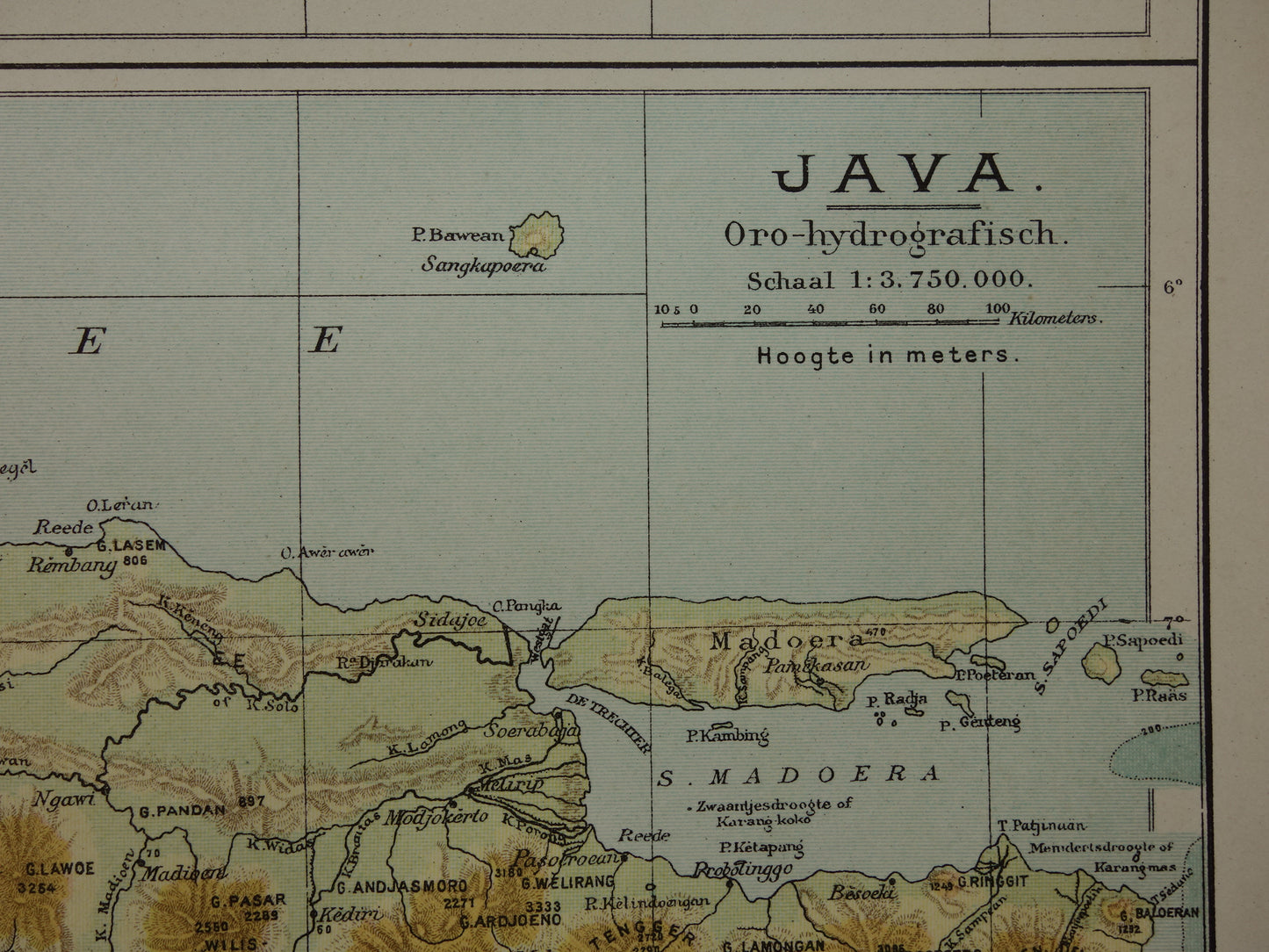 JAVA Antieke Nederlandse kaart van Java uit 1918 oude hoogtekaart landkaart vulkanen