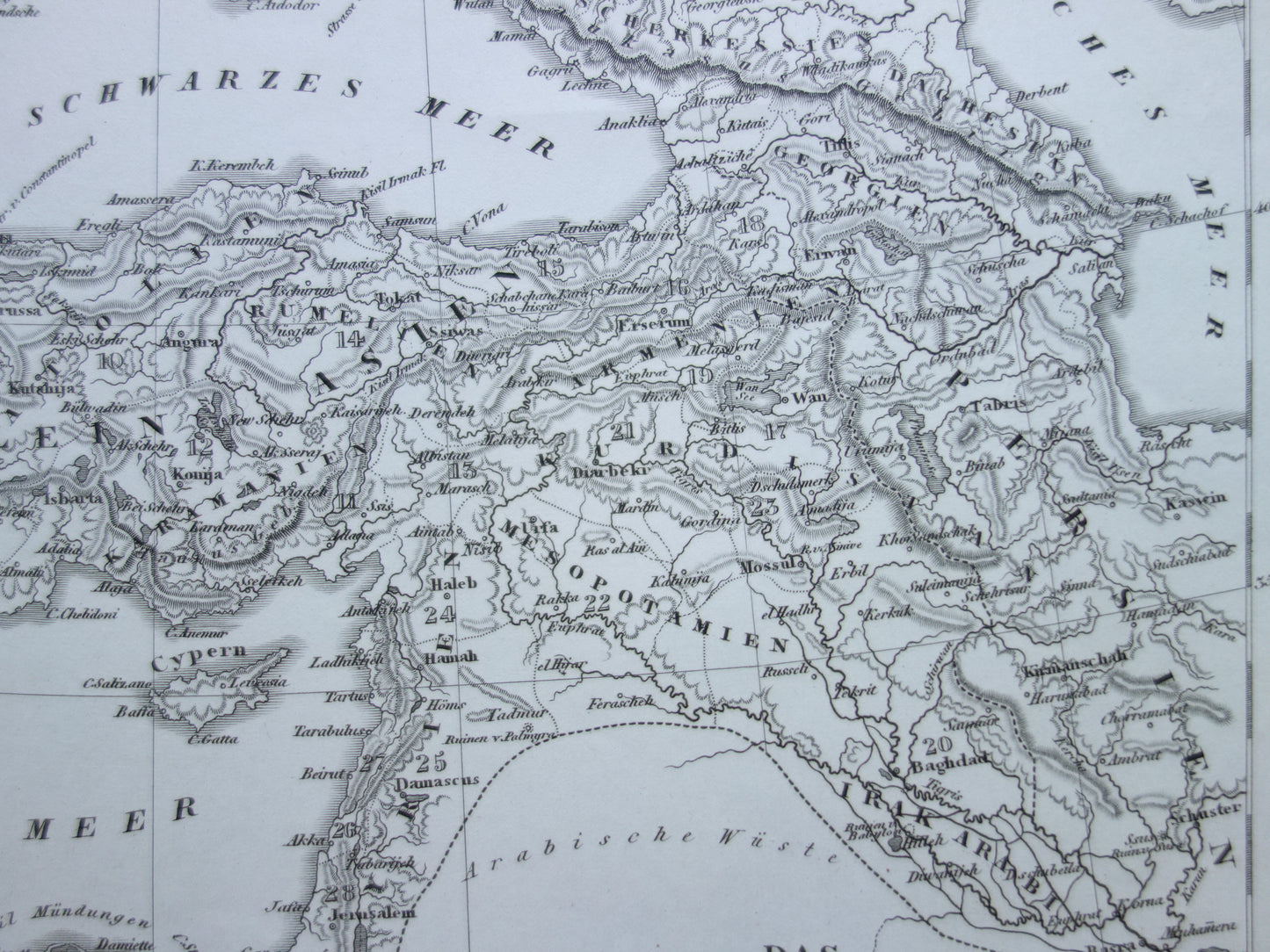 OSMAANSE RIJK Oude landkaart van Turkije uit 1849 historische kaart Ottomaanse Rijk z/w