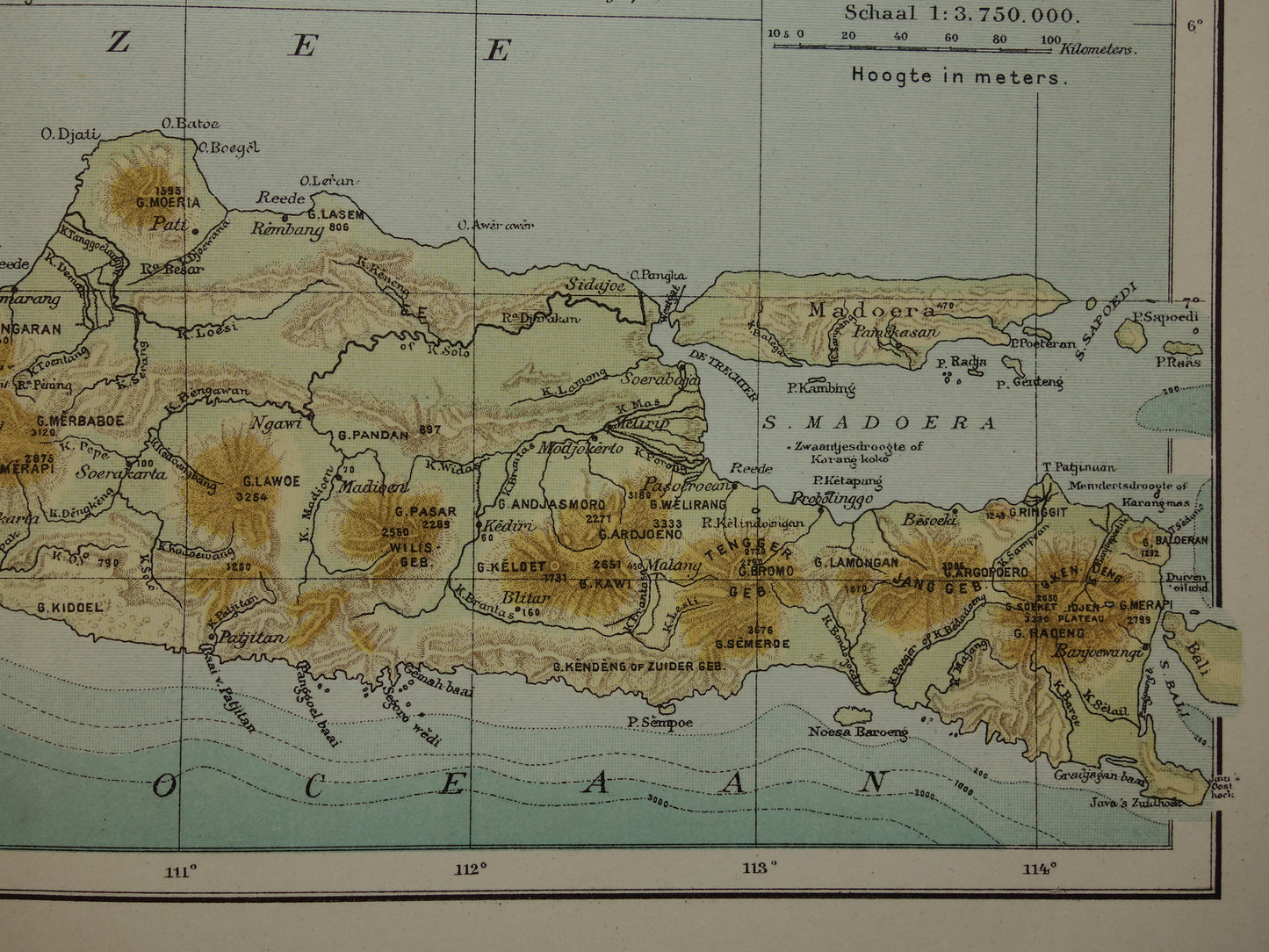 JAVA Antieke Nederlandse kaart van Java uit 1918 oude hoogtekaart landkaart vulkanen