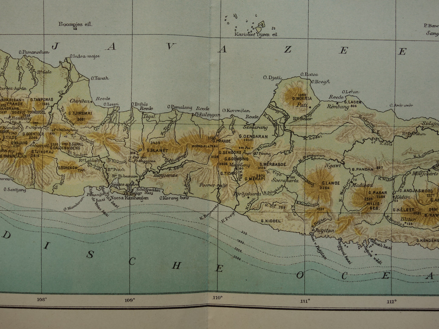 JAVA Antieke Nederlandse kaart van Java uit 1918 oude hoogtekaart landkaart vulkanen