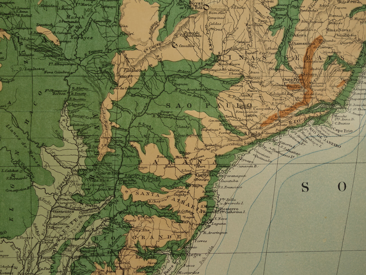 SOUTH AMERICA large old map of South America 130+ year old map of continent from 1890 original vintage elevation map