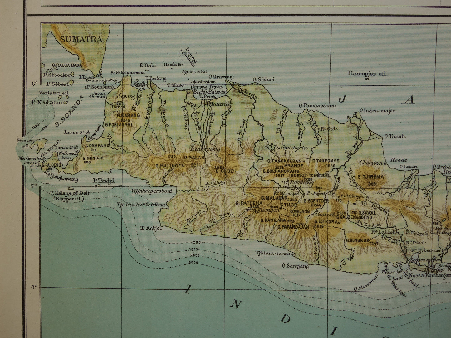 JAVA Antieke Nederlandse kaart van Java uit 1918 oude hoogtekaart landkaart vulkanen