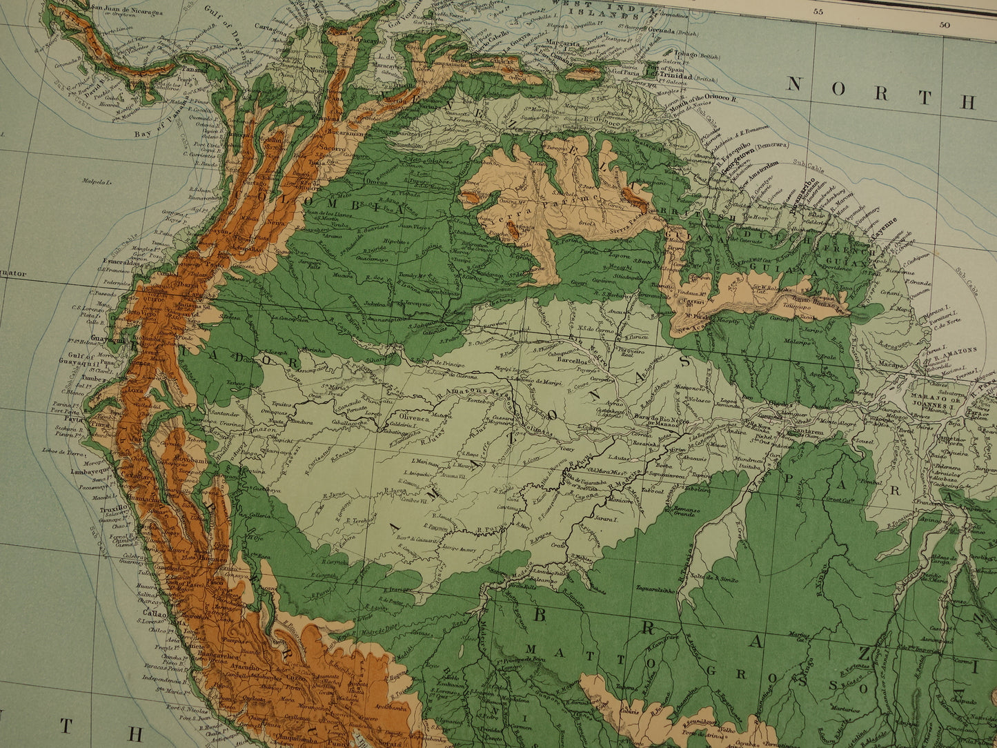 SOUTH AMERICA large old map of South America 130+ year old map of continent from 1890 original vintage elevation map