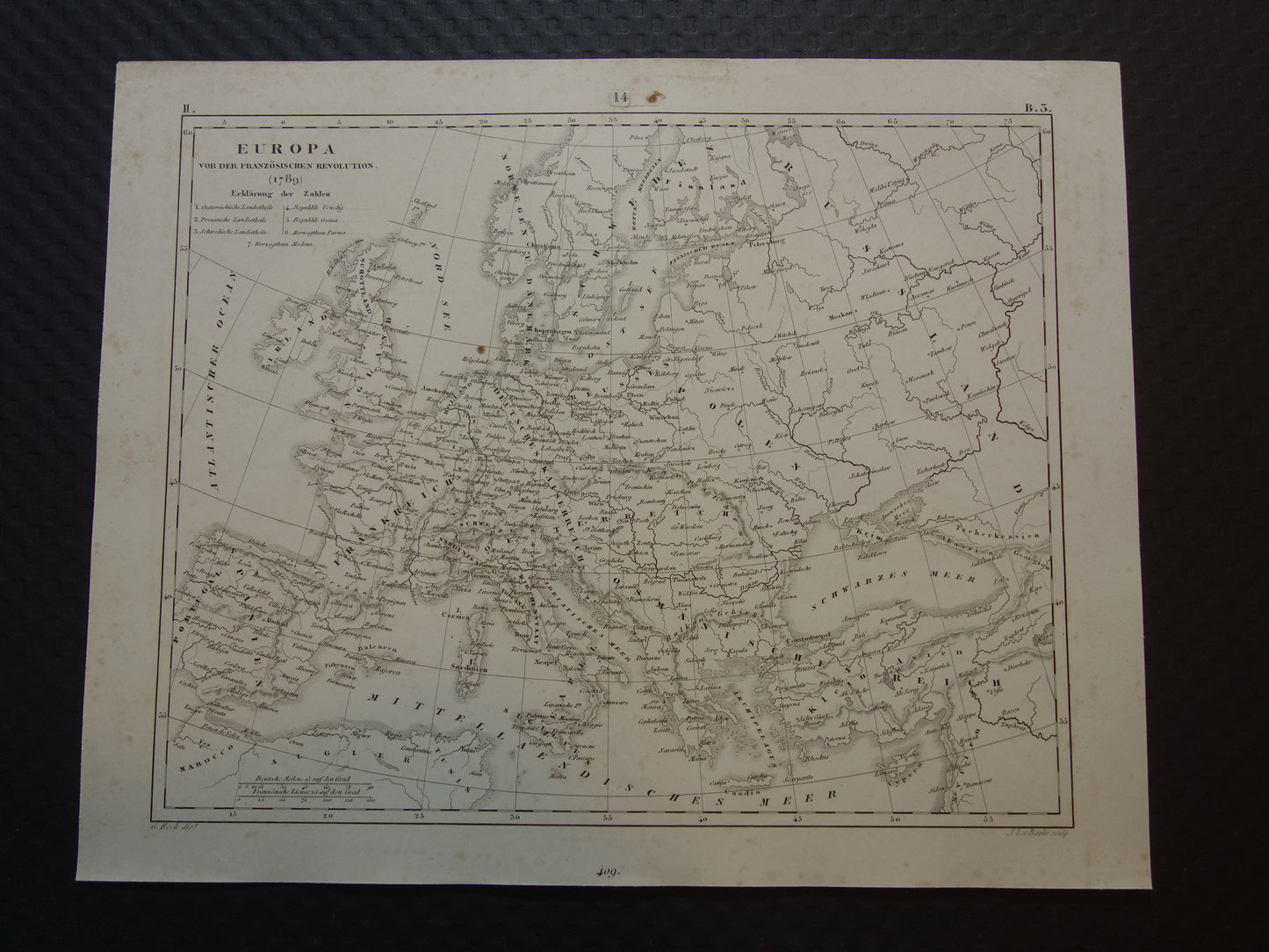 Oude kaart van Europa in 1789 bij start Franse revolutie Originele antieke kaart zwart/wit geschiedeniskaart