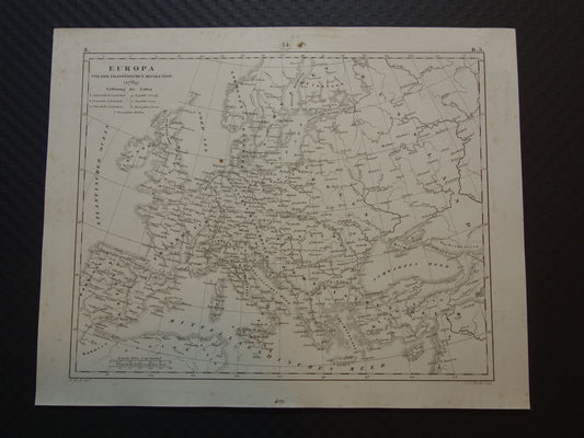 Oude kaart van Europa in 1789 bij start Franse revolutie Originele antieke kaart zwart/wit geschiedeniskaart