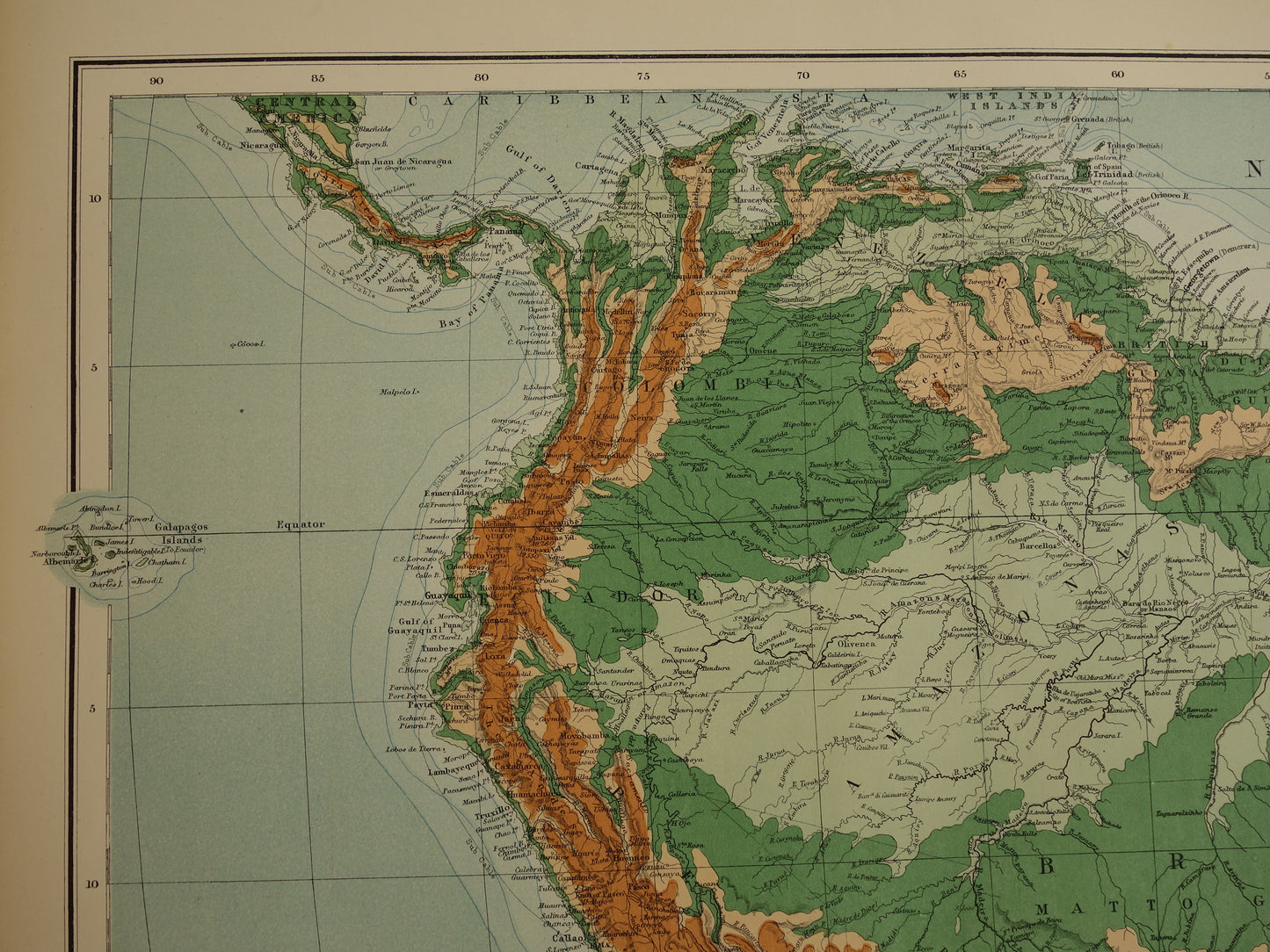 SOUTH AMERICA large old map of South America 130+ year old map of continent from 1890 original vintage elevation map