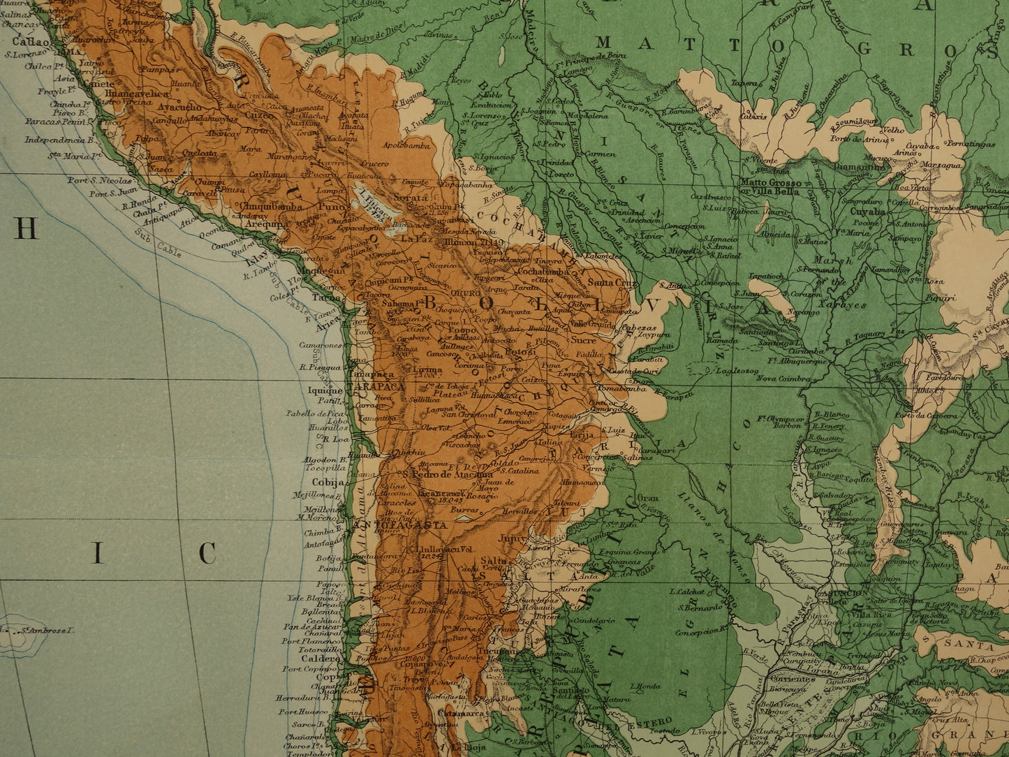 SOUTH AMERICA large old map of South America 130+ year old map of continent from 1890 original vintage elevation map