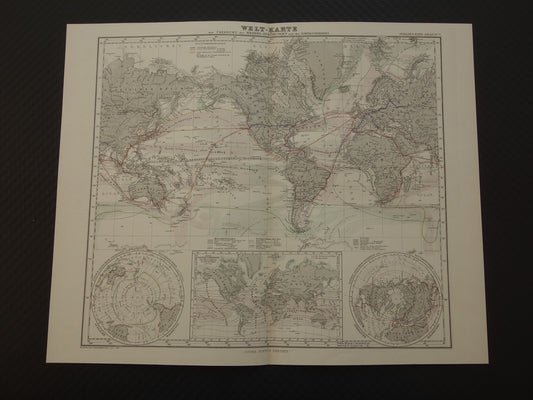 WERELDKAART oude kaart van de Wereld Zeestromingen en Transport 1880 originele antieke landkaart Zeestroom Oceaanstromingen Scheepvaartlijnen met datum