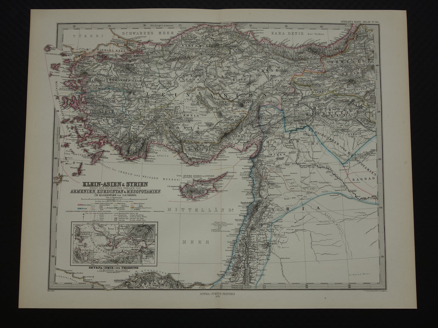 Alte Karte der Türkei, Zypern, Syrien, Palästina, Libanon, 1878, originale antike deutsche Karte