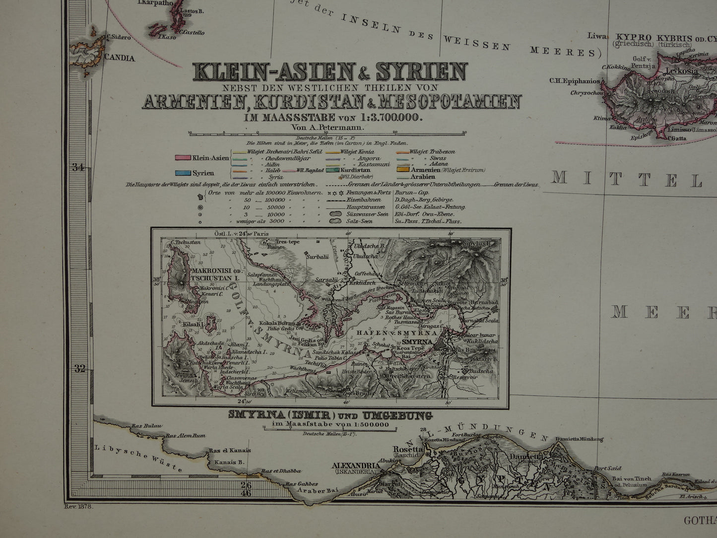 Alte Karte der Türkei, Zypern, Syrien, Palästina, Libanon, 1878, originale antike deutsche Karte