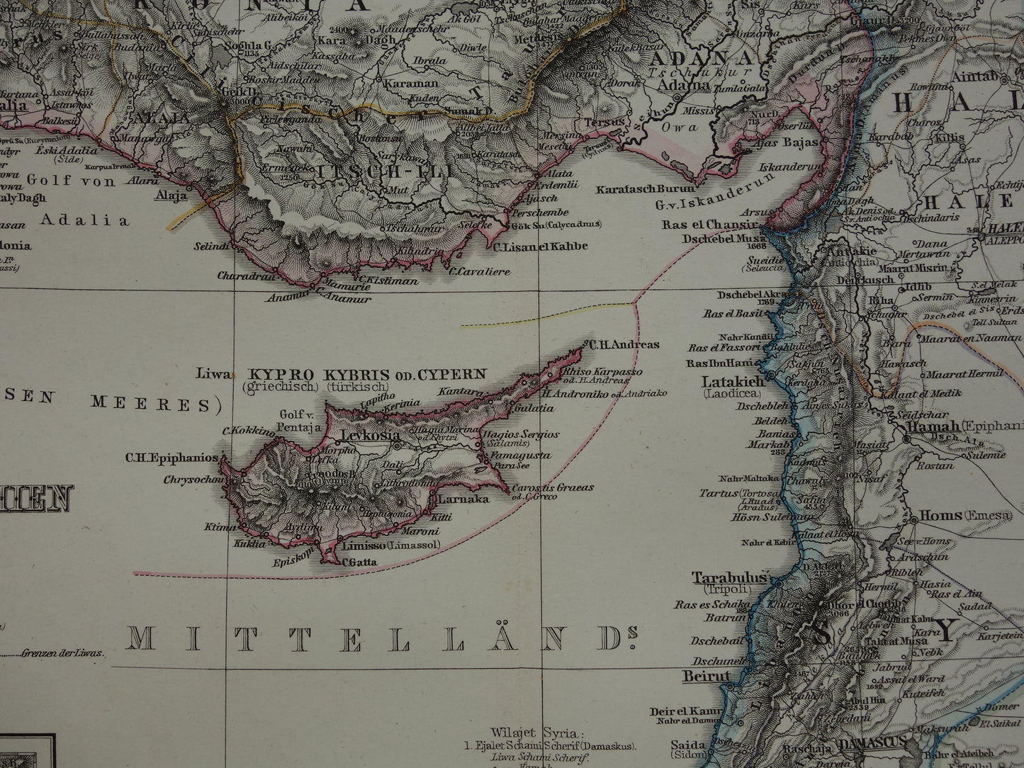 Alte Karte der Türkei, Zypern, Syrien, Palästina, Libanon, 1878, originale antike deutsche Karte