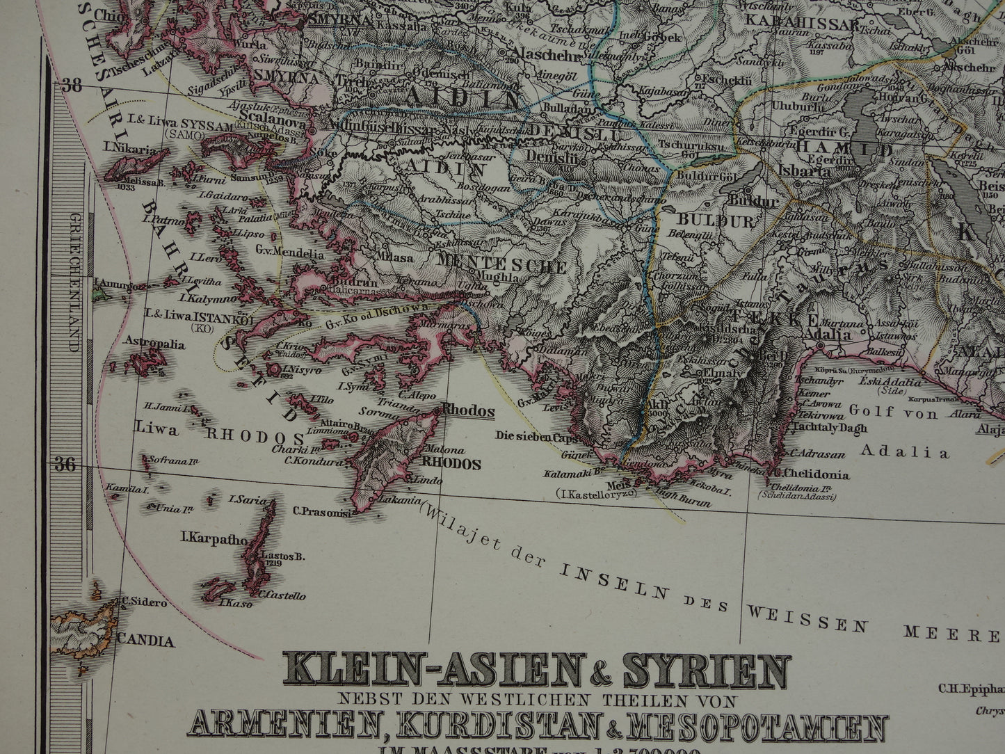Alte Karte der Türkei, Zypern, Syrien, Palästina, Libanon, 1878, originale antike deutsche Karte