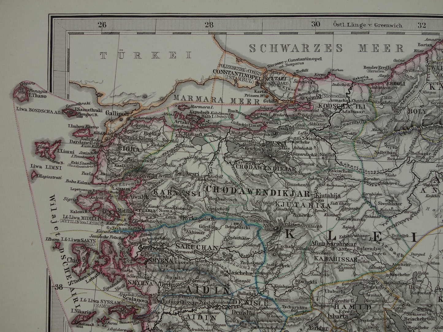 Alte Karte der Türkei, Zypern, Syrien, Palästina, Libanon, 1878, originale antike deutsche Karte