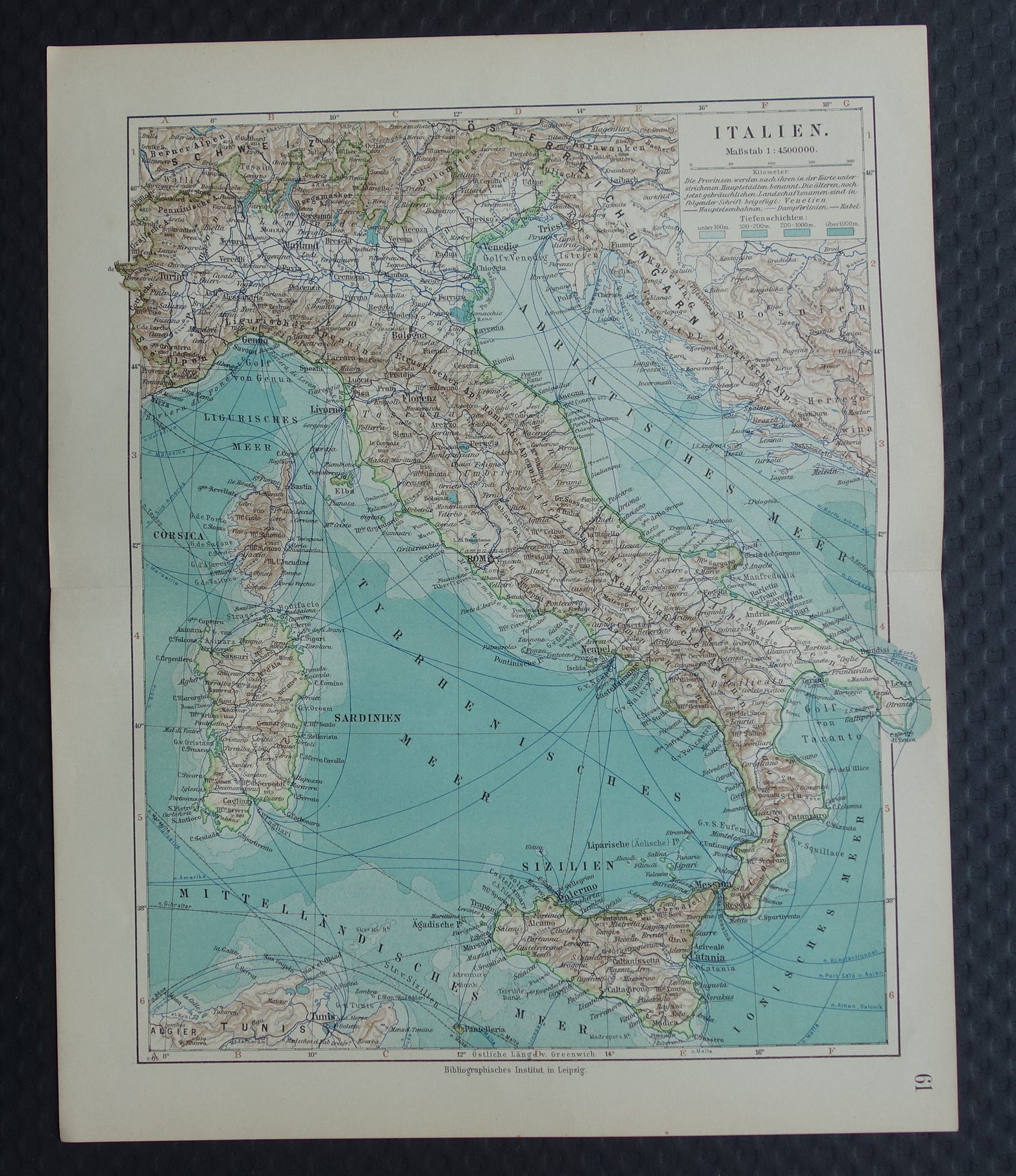Oude landkaart van ITALIË uit 1905 originele antieke Duitse kaart Italië