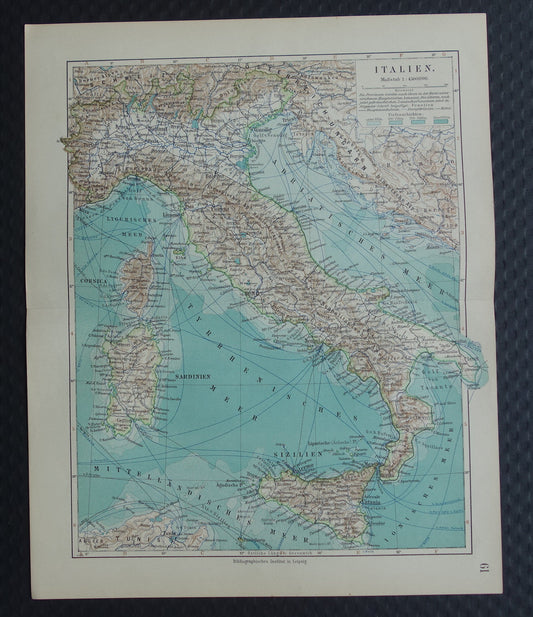 Oude landkaart van ITALIË uit 1905 originele antieke Duitse kaart Italië