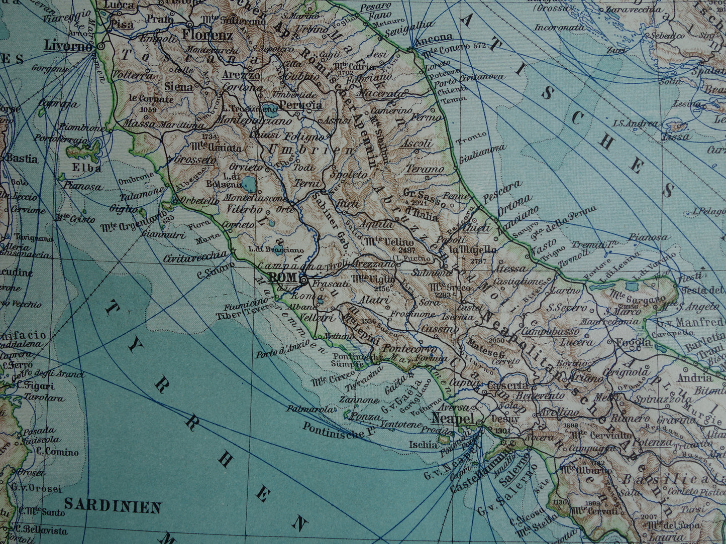 Oude landkaart van ITALIË uit 1905 originele antieke Duitse kaart Italië