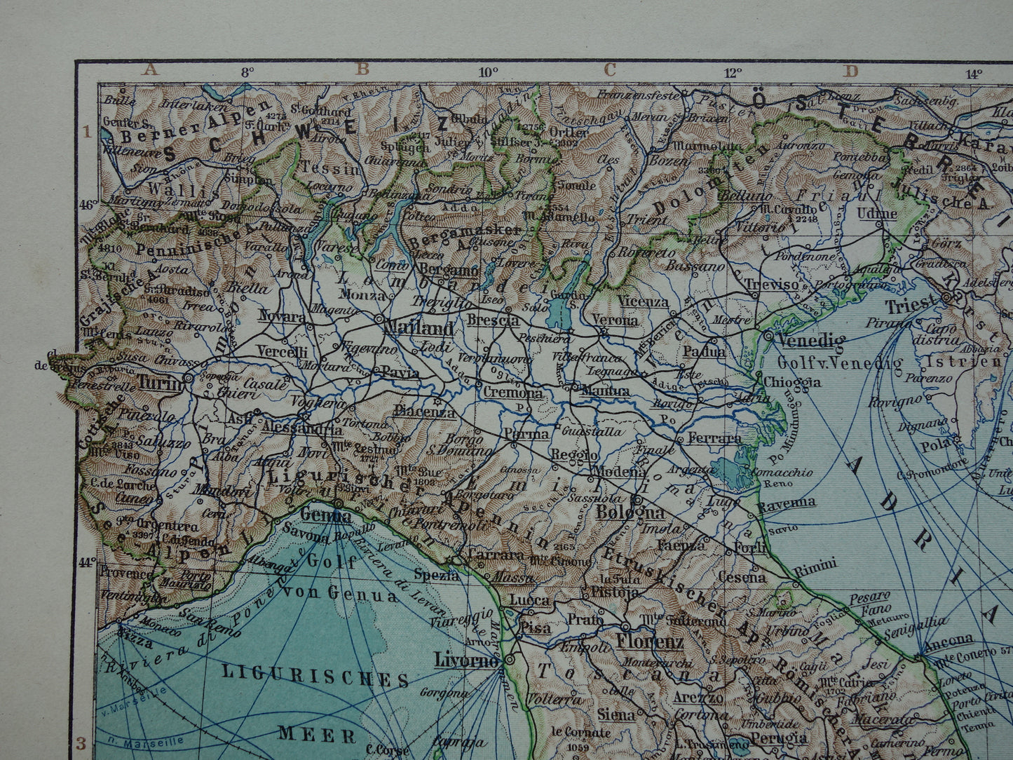 Oude landkaart van ITALIË uit 1905 originele antieke Duitse kaart Italië