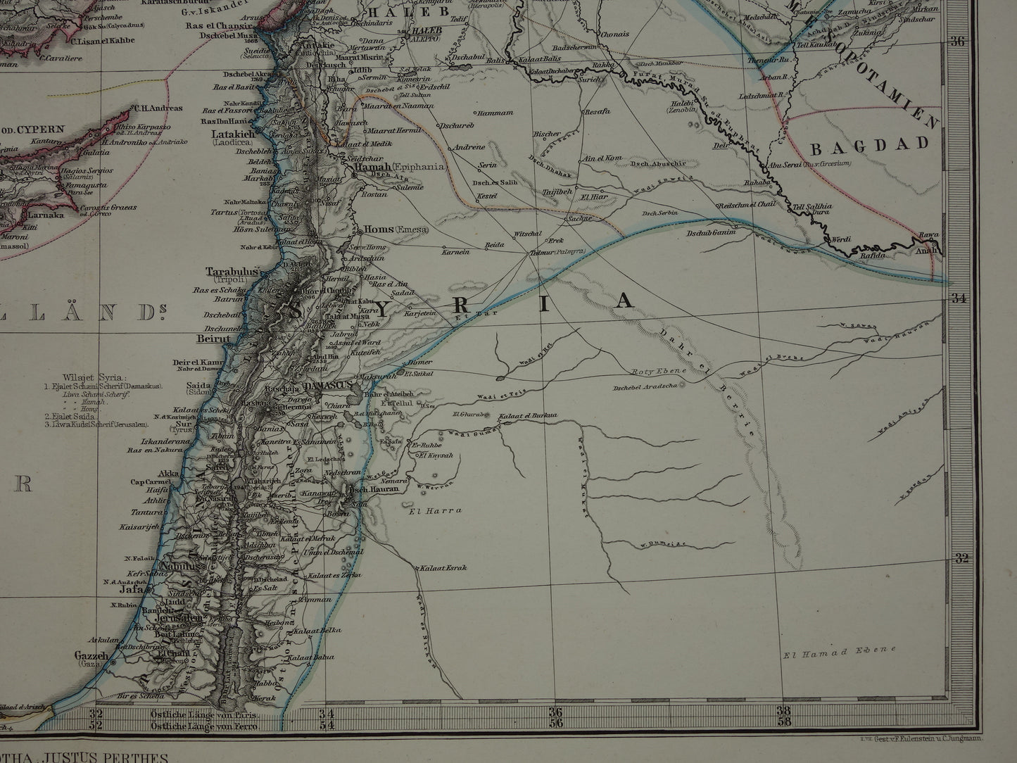 Alte Karte der Türkei, Zypern, Syrien, Palästina, Libanon, 1878, originale antike deutsche Karte