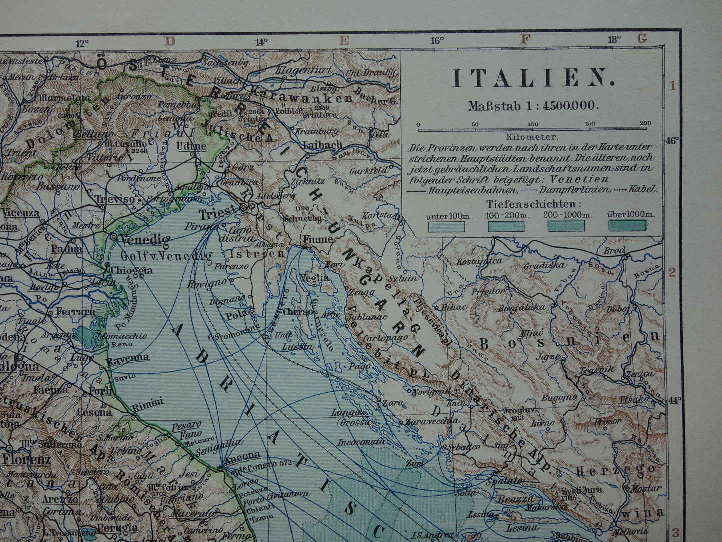 Oude landkaart van ITALIË uit 1905 originele antieke Duitse kaart Italië
