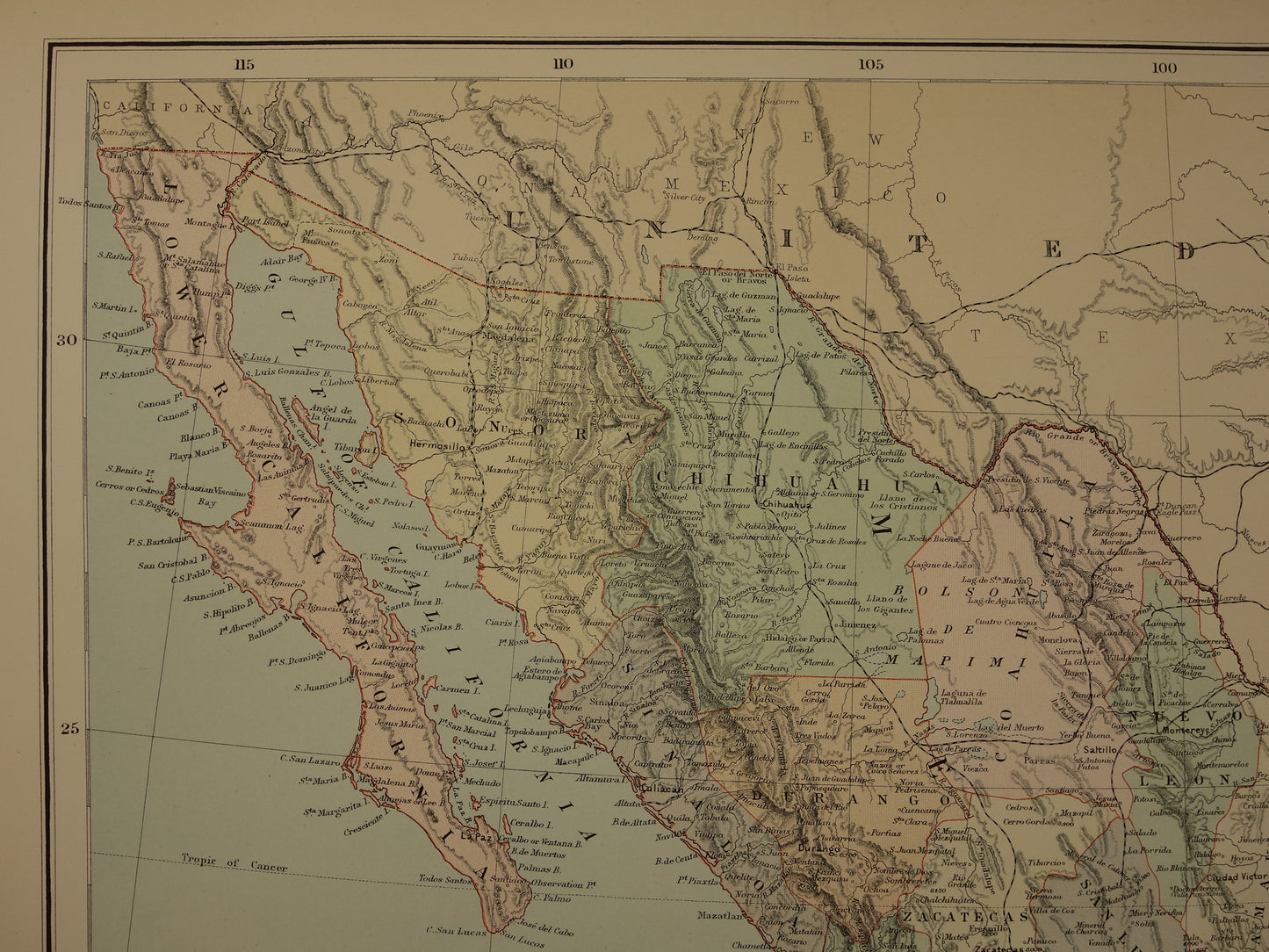 Large old map of Mexico 1890 original antique English map Panama Central America maps