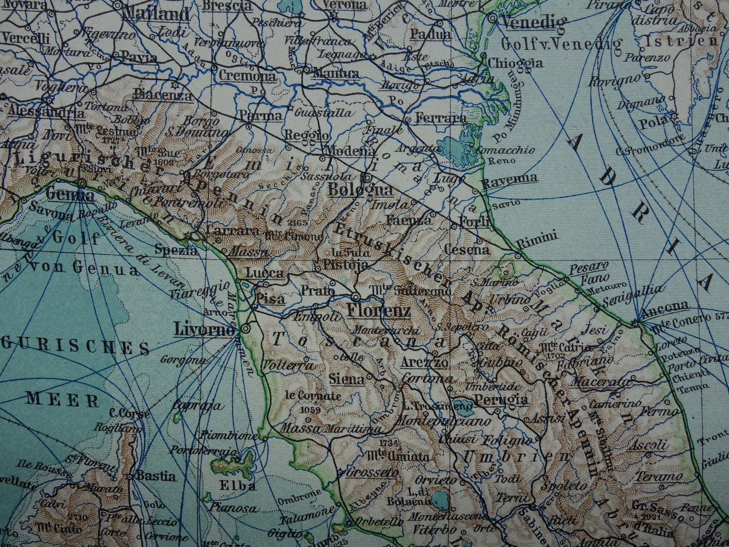 Oude landkaart van ITALIË uit 1905 originele antieke Duitse kaart Italië