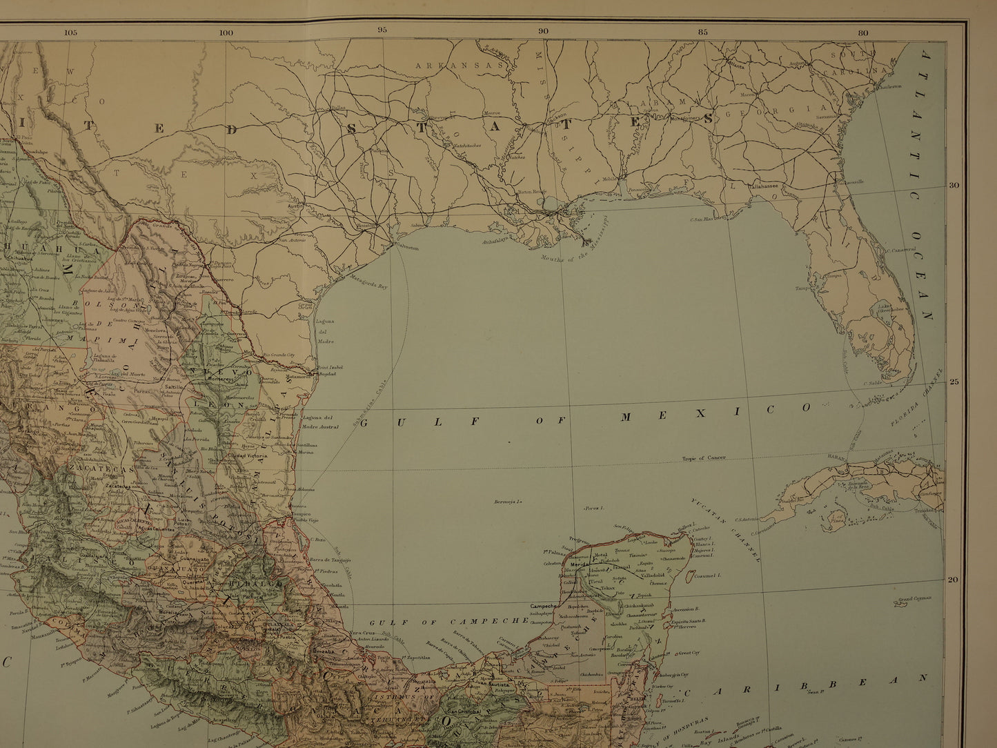 Large old map of Mexico 1890 original antique English map Panama Central America maps