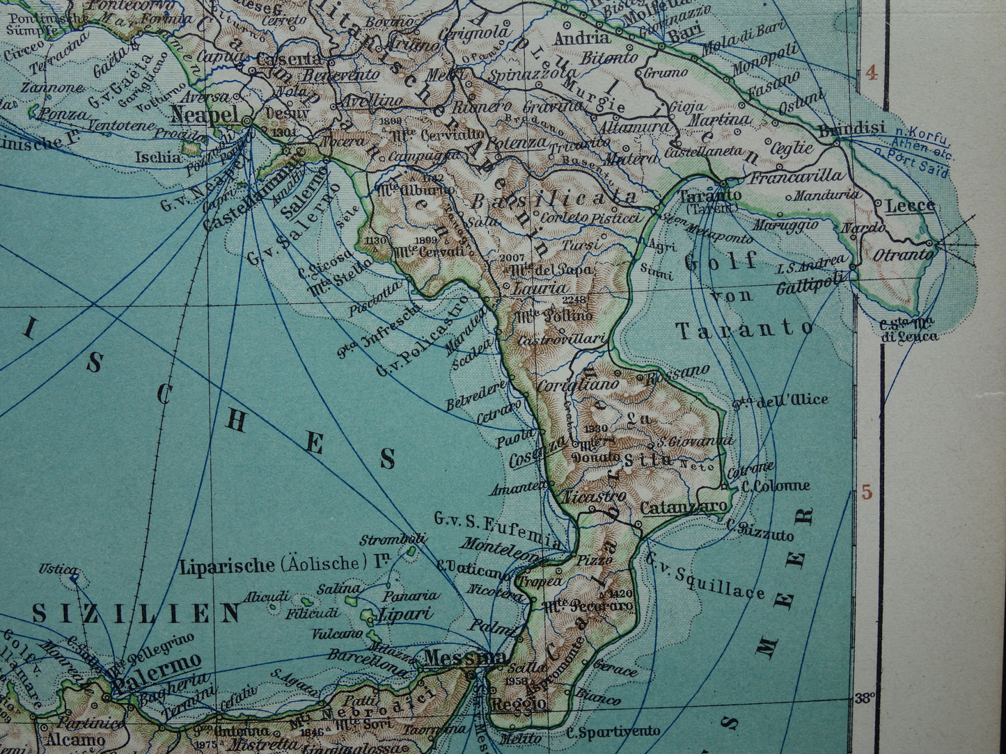 Oude landkaart van ITALIË uit 1905 originele antieke Duitse kaart Italië