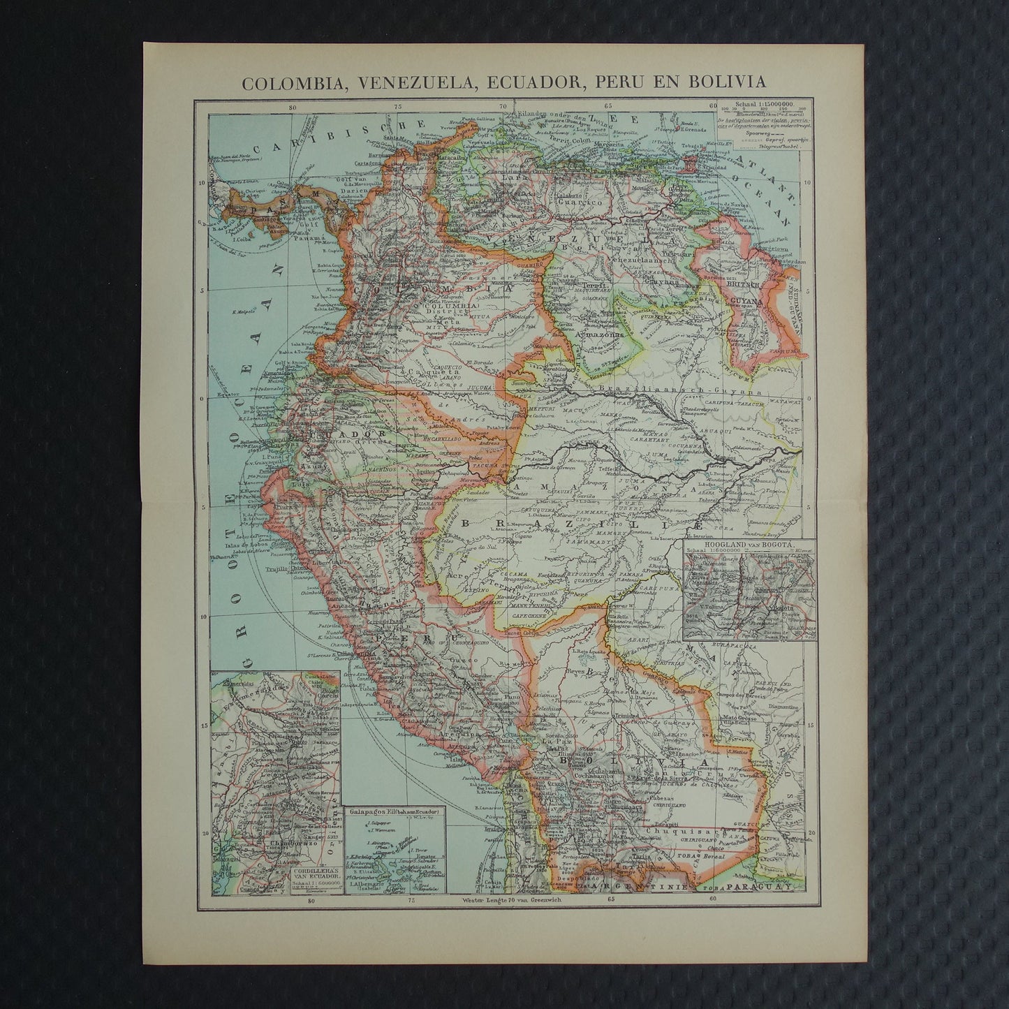 Old map Venezuela Colombia Ecuador Peru and Bolivia historical country map Galapagos vintage Dutch maps