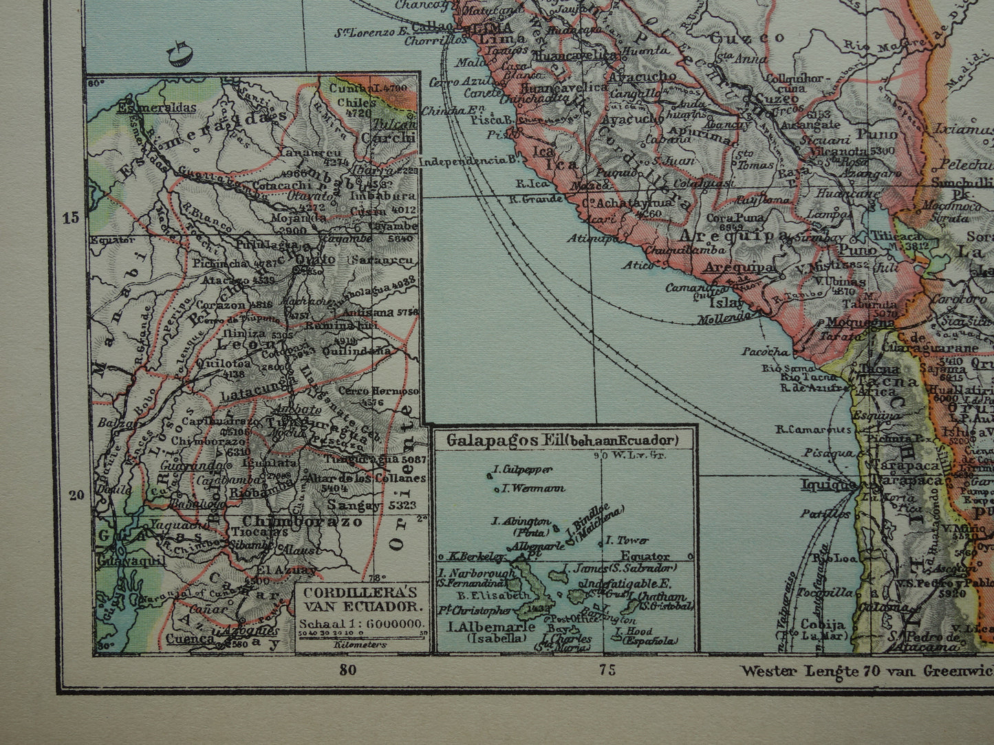 Old map Venezuela Colombia Ecuador Peru and Bolivia historical country map Galapagos vintage Dutch maps