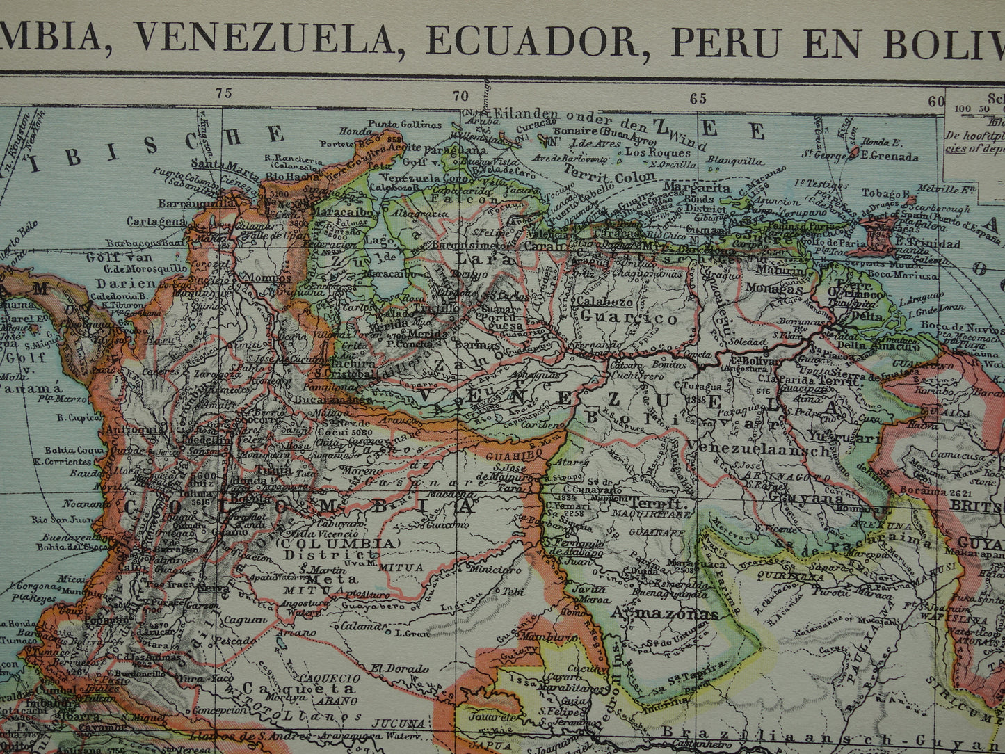 Old map Venezuela Colombia Ecuador Peru and Bolivia historical country map Galapagos vintage Dutch maps