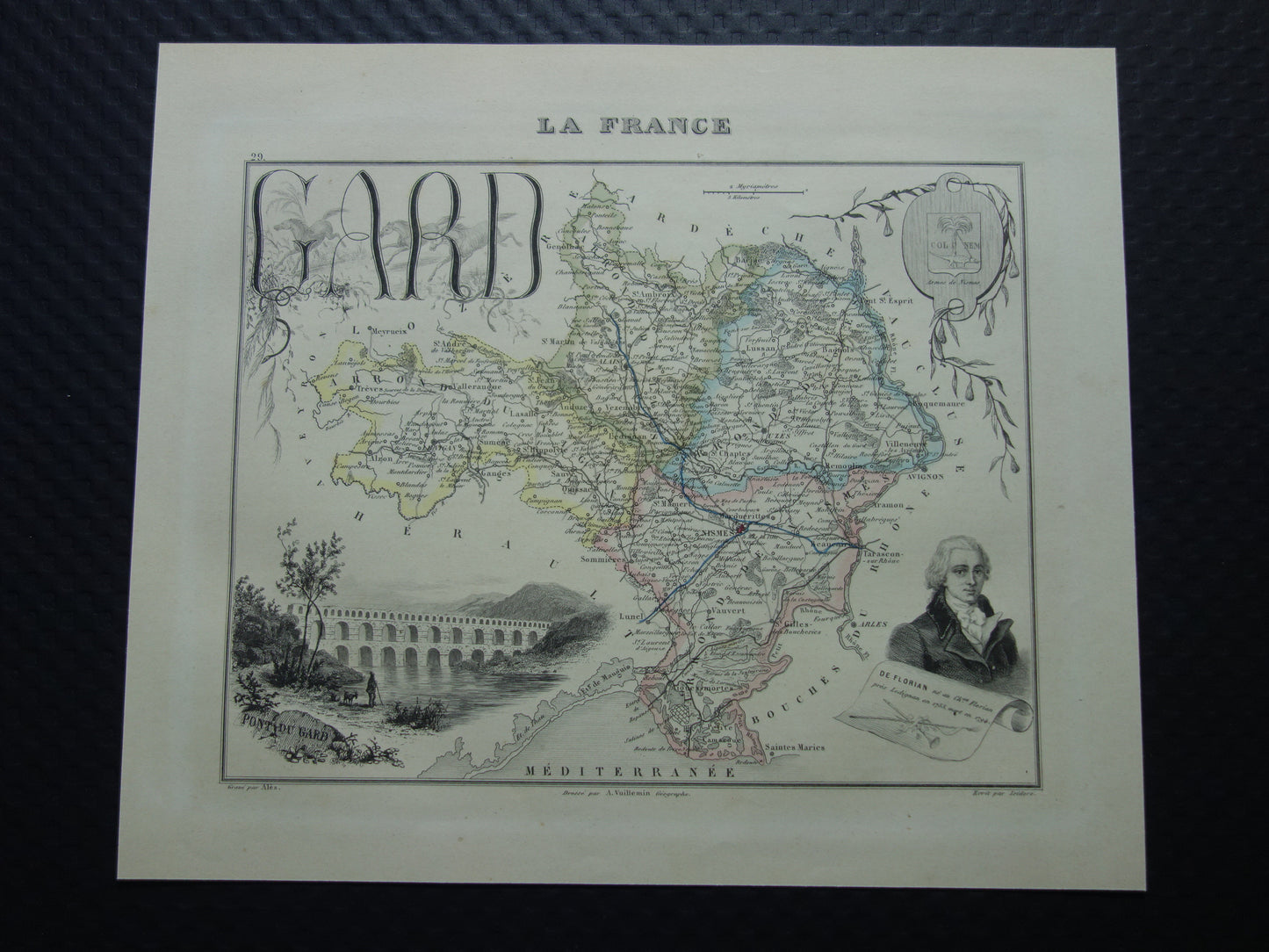 GARD Frankrijk Oude kaart uit 1856 originele antieke handgekleurde landkaart Gard departement  Nîmes Pont du Gard