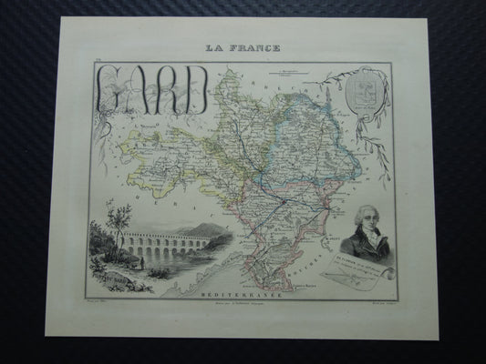 GARD Frankrijk Oude kaart uit 1856 originele antieke handgekleurde landkaart Gard departement  Nîmes Pont du Gard