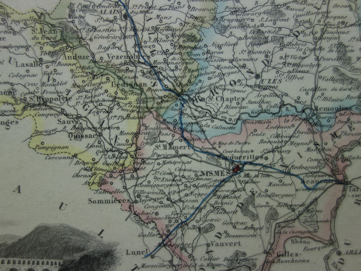 GARD Frankrijk Oude kaart uit 1856 originele antieke handgekleurde landkaart Gard departement  Nîmes Pont du Gard