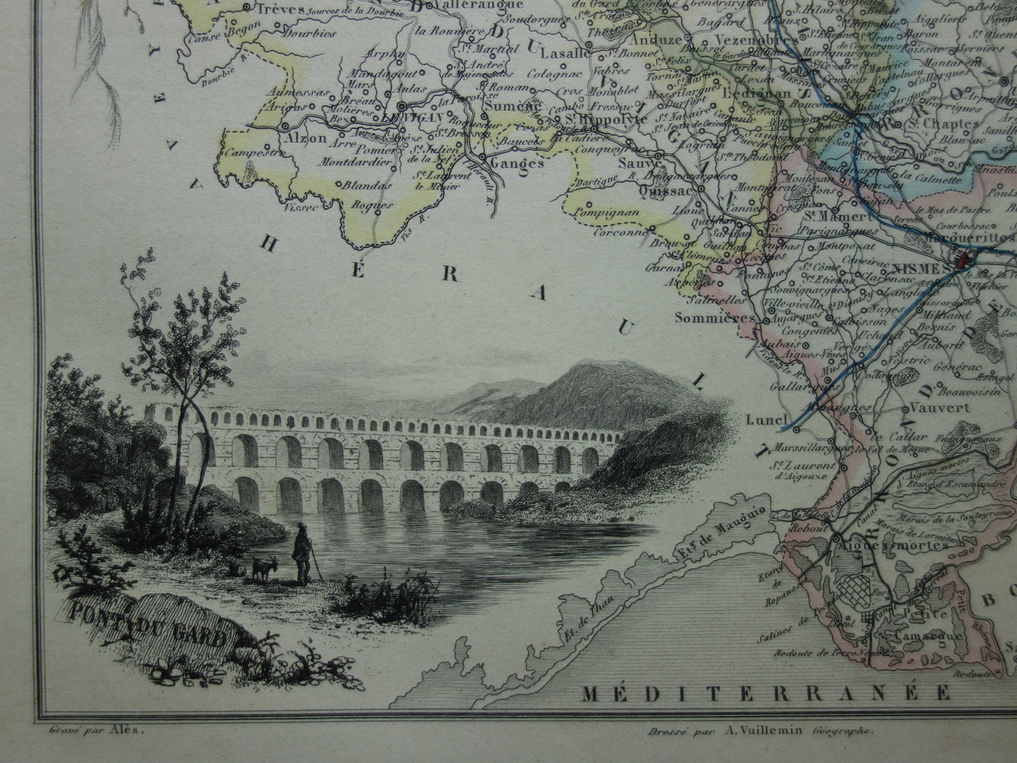 GARD Frankrijk Oude kaart uit 1856 originele antieke handgekleurde landkaart Gard departement  Nîmes Pont du Gard