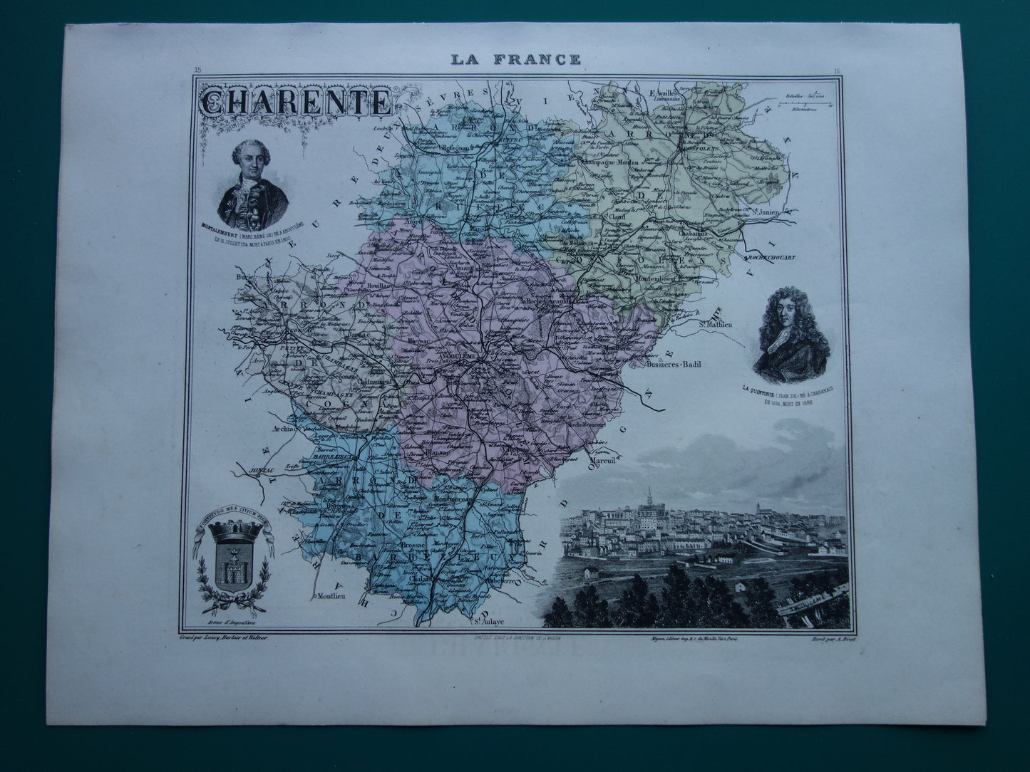 Old map of Charente department in France from 1886 original antique hand colored map Cognac Angoulême