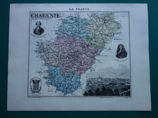 Alte Karte des Départements Charente in Frankreich aus dem Jahr 1886, originale antike handkolorierte Karte, Cognac, Angoulême