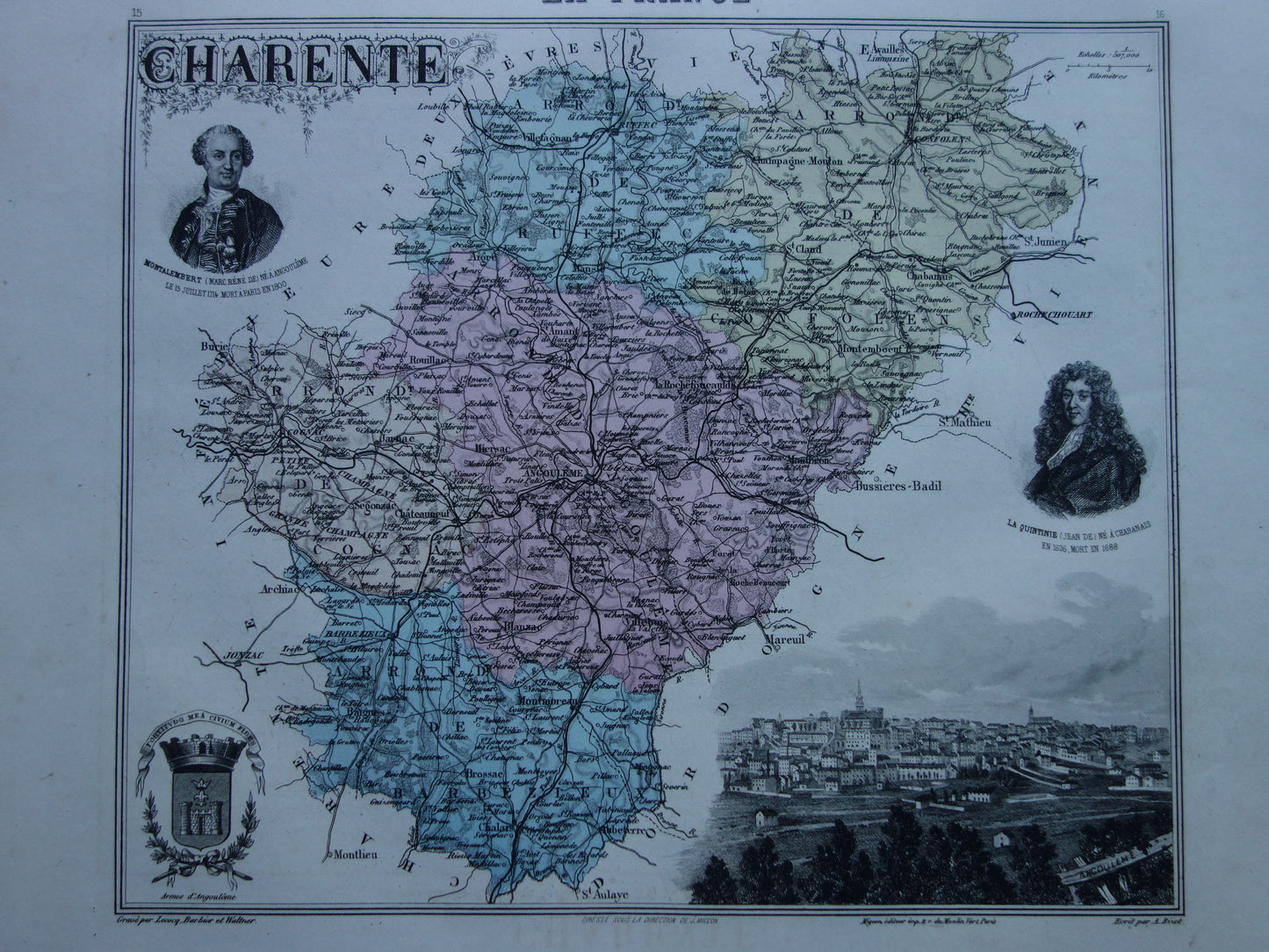 Old map of Charente department in France from 1886 original antique hand colored map Cognac Angoulême