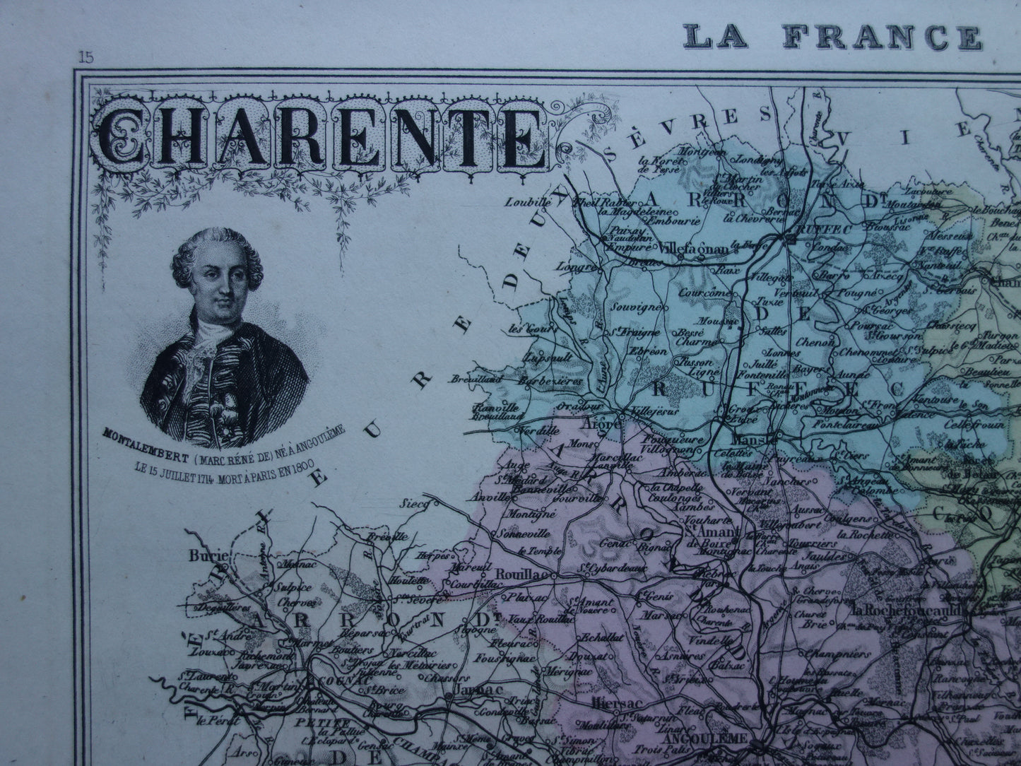 Old map of Charente department in France from 1886 original antique hand colored map Cognac Angoulême