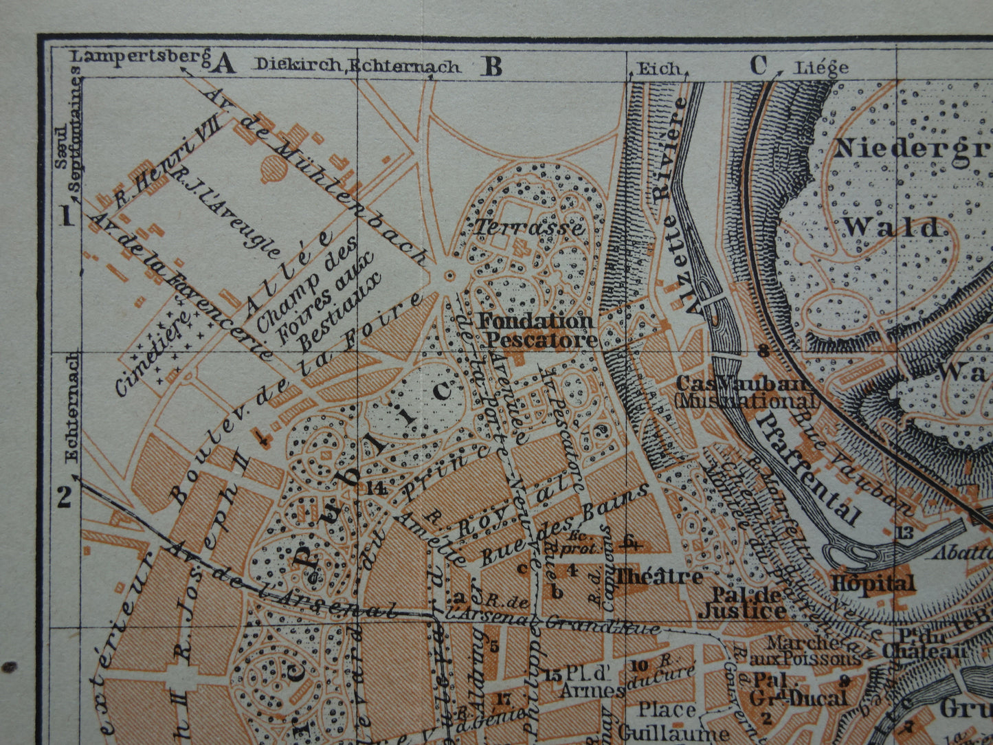LUXEMBOURG old map of Luxembourg City from 1904 small original antique plan map