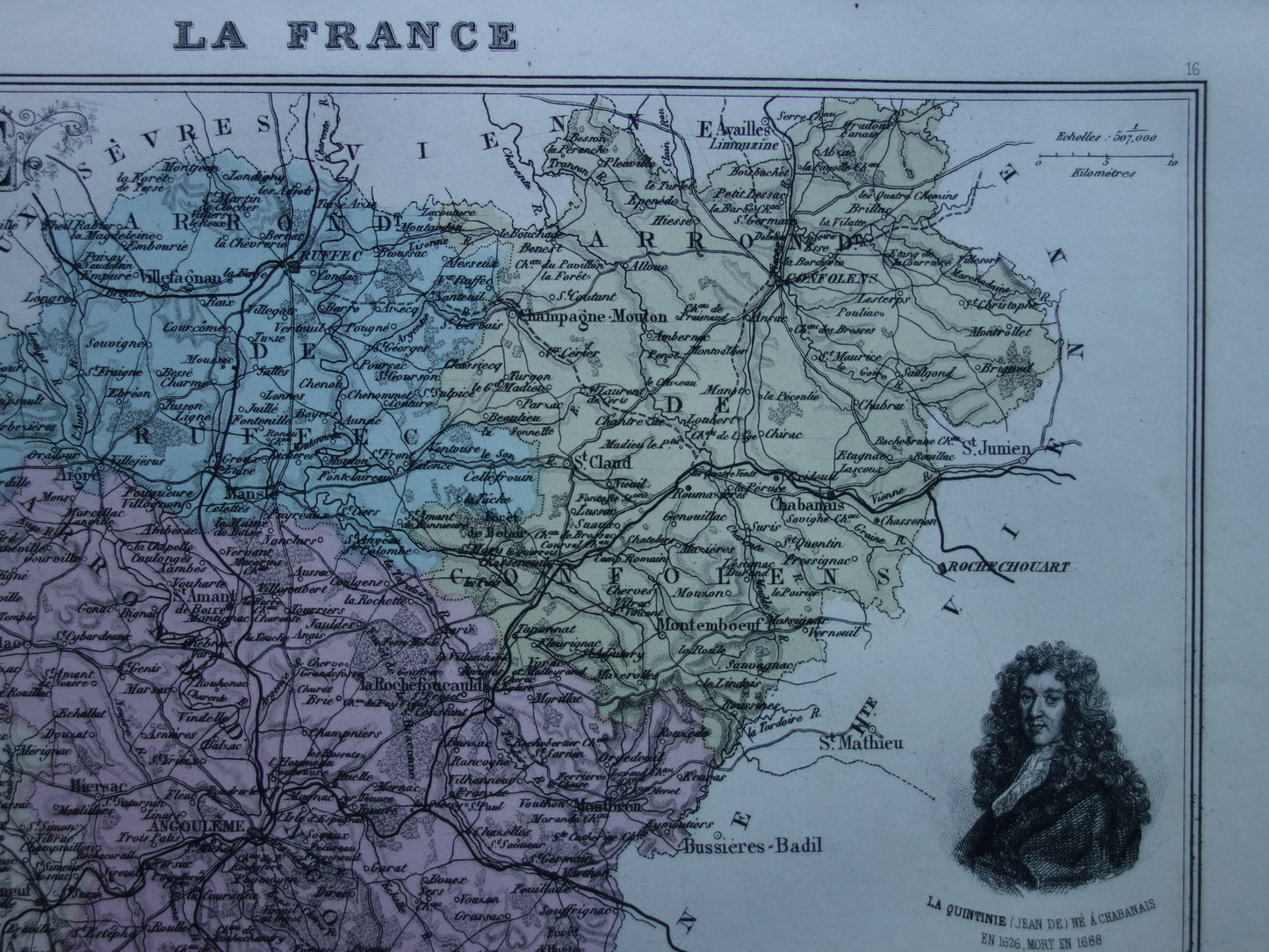 Old map of Charente department in France from 1886 original antique hand colored map Cognac Angoulême