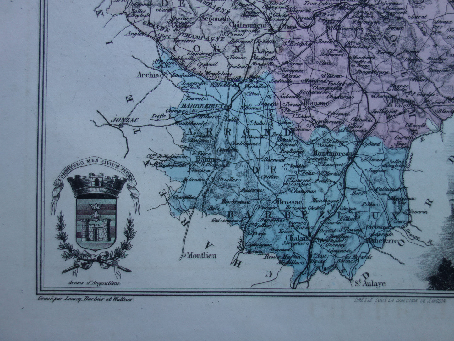 Old map of Charente department in France from 1886 original antique hand colored map Cognac Angoulême