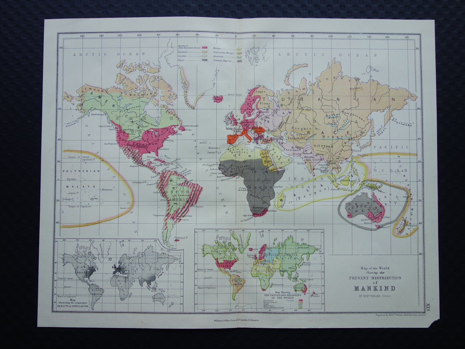 1871 Map of the World showing the present distribution of mankind
