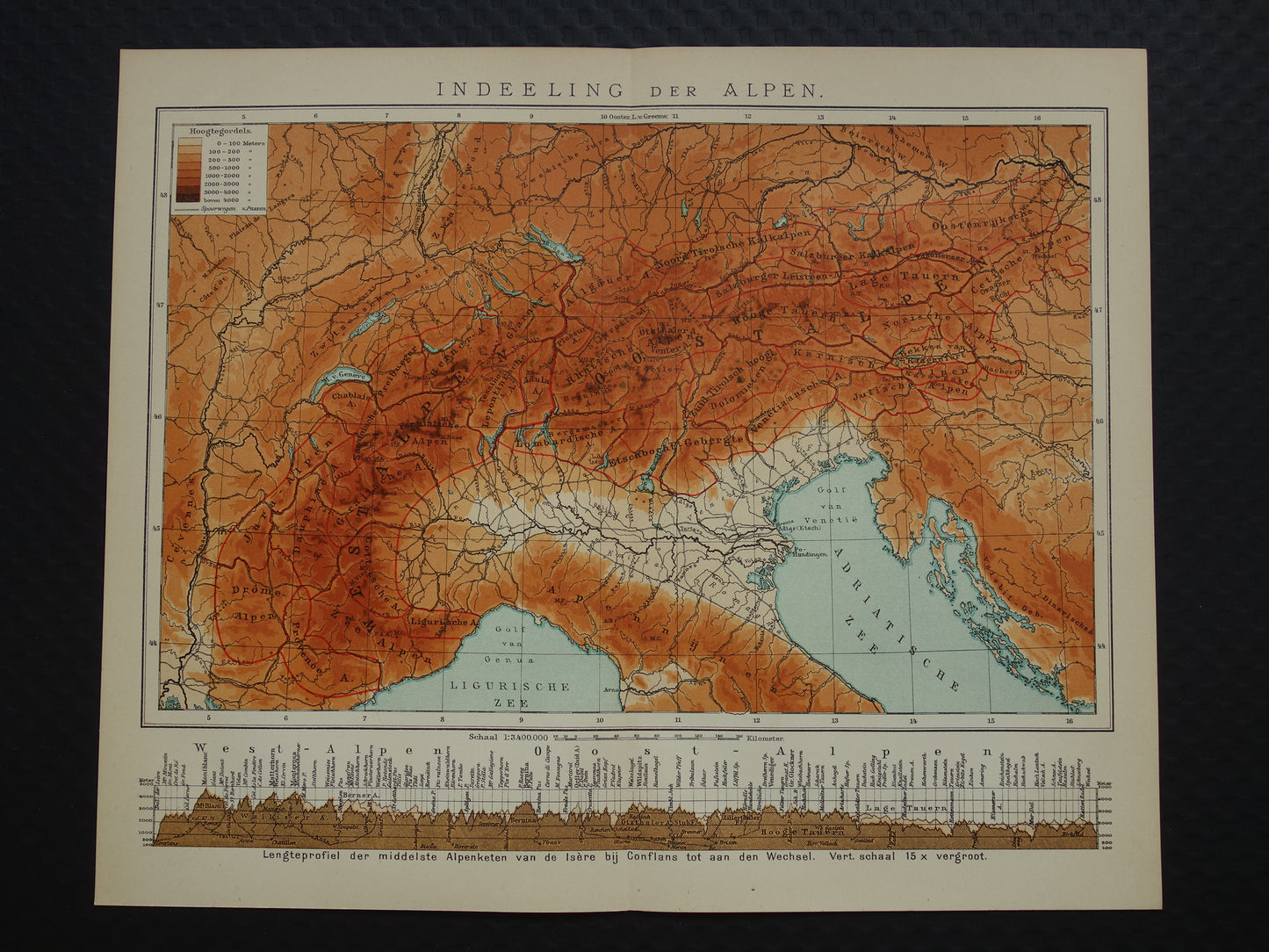 Oude kaart van de Alpen uit 1914 Originele vintage hoogtekaart van de Alpen antieke landkaart