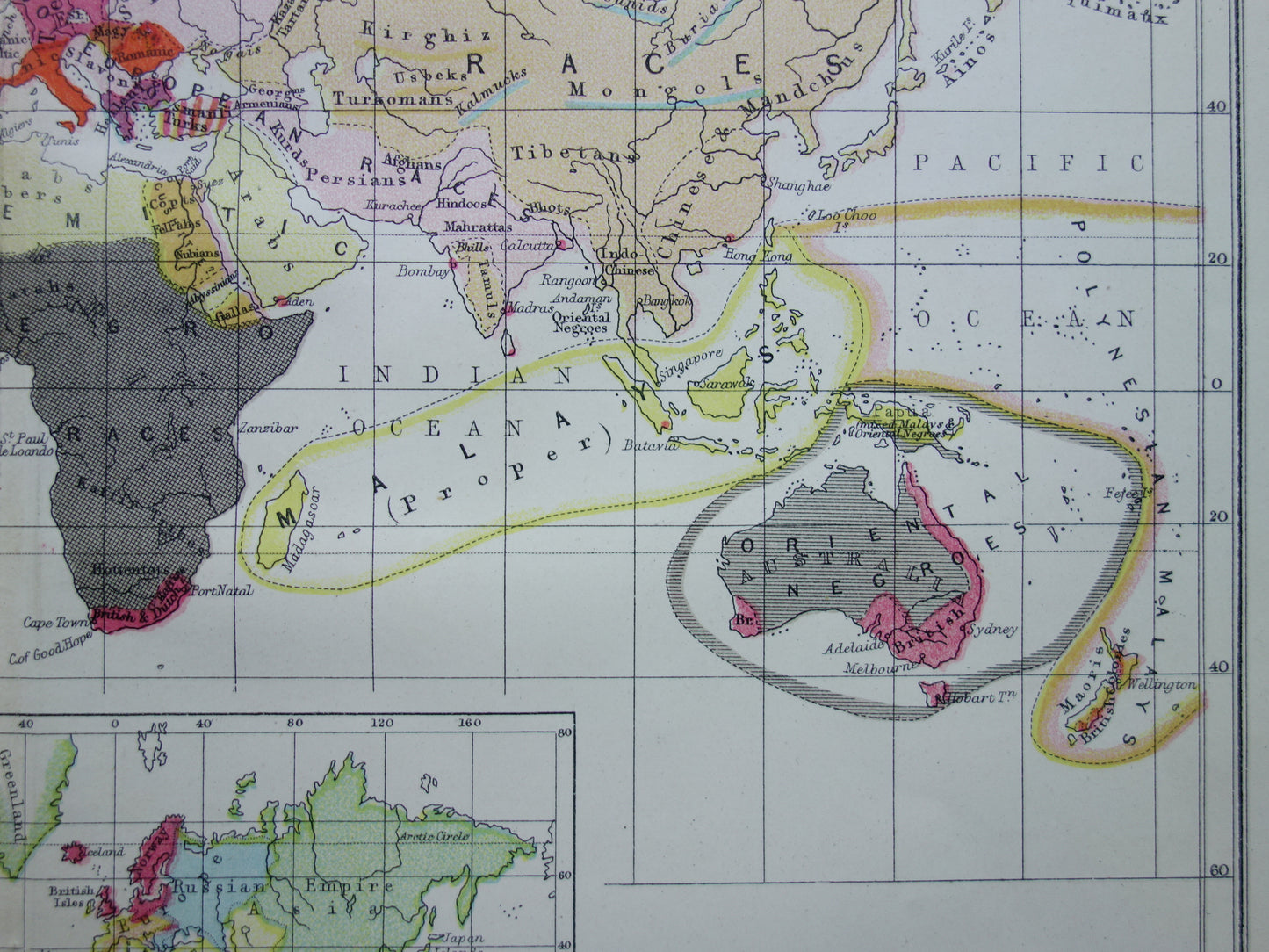 Vintage WORLD MAP old ethnographic map of the World from 1871 Antique print Anthropology Ethnology Human Races