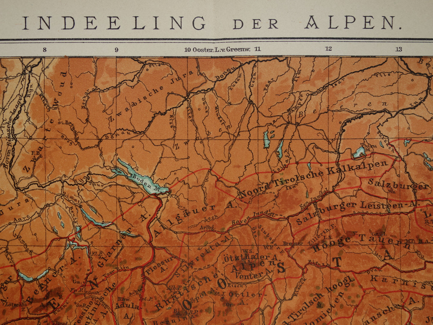 Oude kaart van de Alpen uit 1914 Originele vintage hoogtekaart van de Alpen antieke landkaart