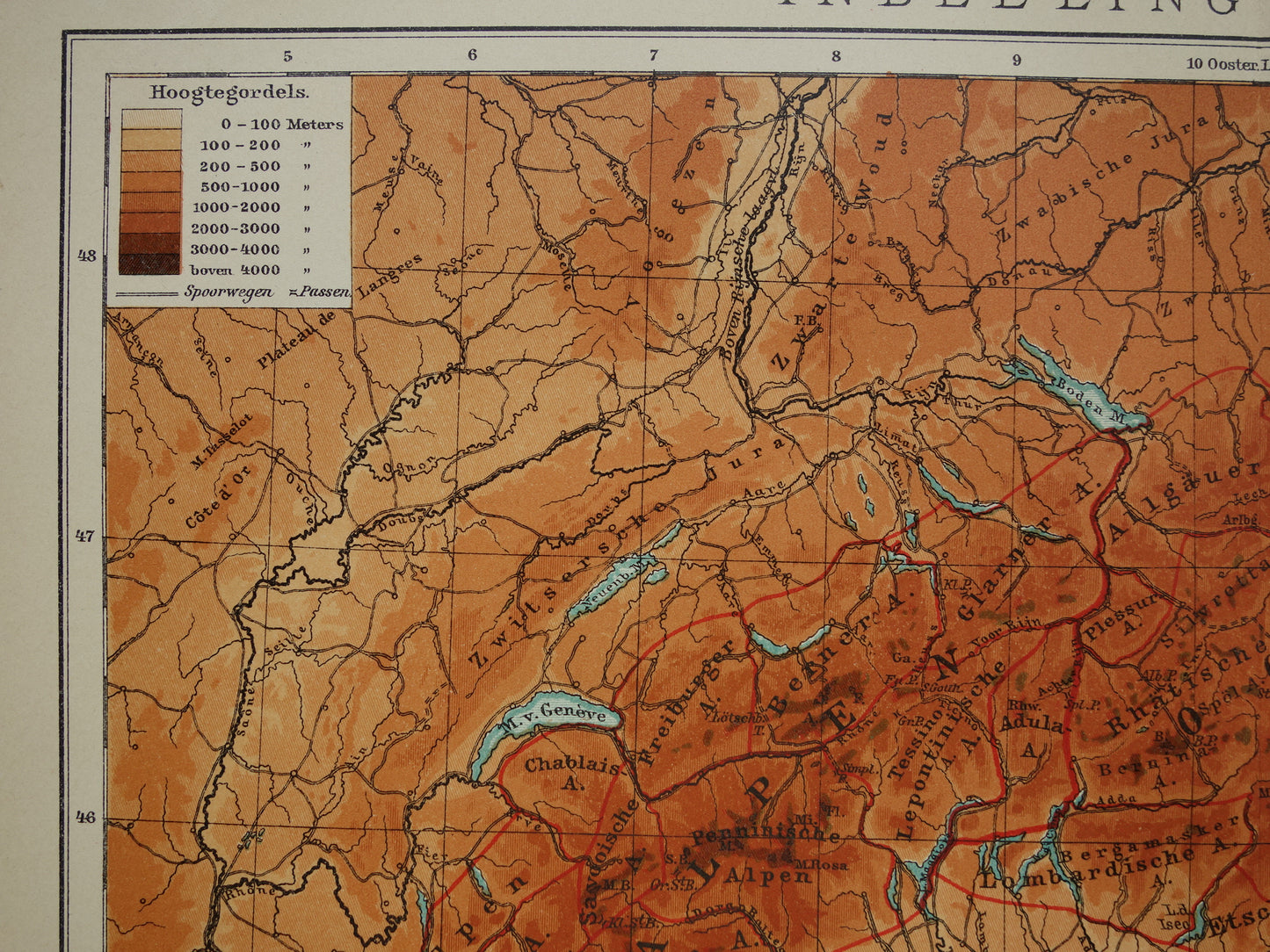 Oude kaart van de Alpen uit 1914 Originele vintage hoogtekaart van de Alpen antieke landkaart