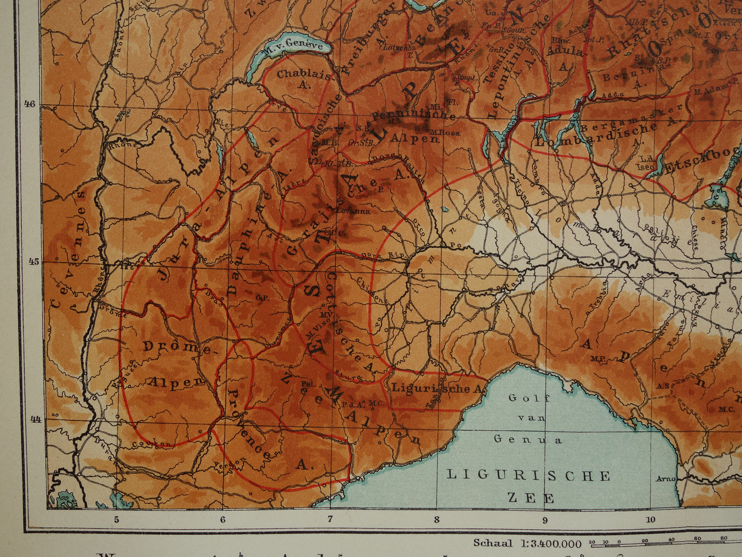 Oude kaart van de Alpen uit 1914 Originele vintage hoogtekaart van de Alpen antieke landkaart