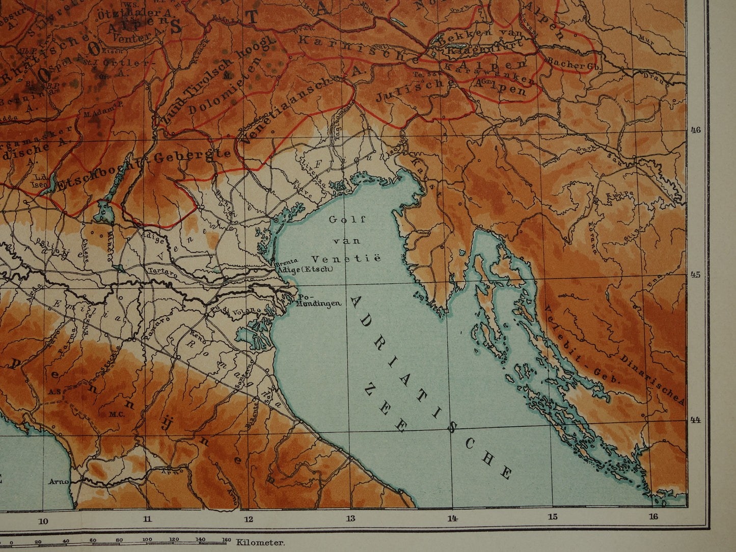Oude kaart van de Alpen uit 1914 Originele vintage hoogtekaart van de Alpen antieke landkaart